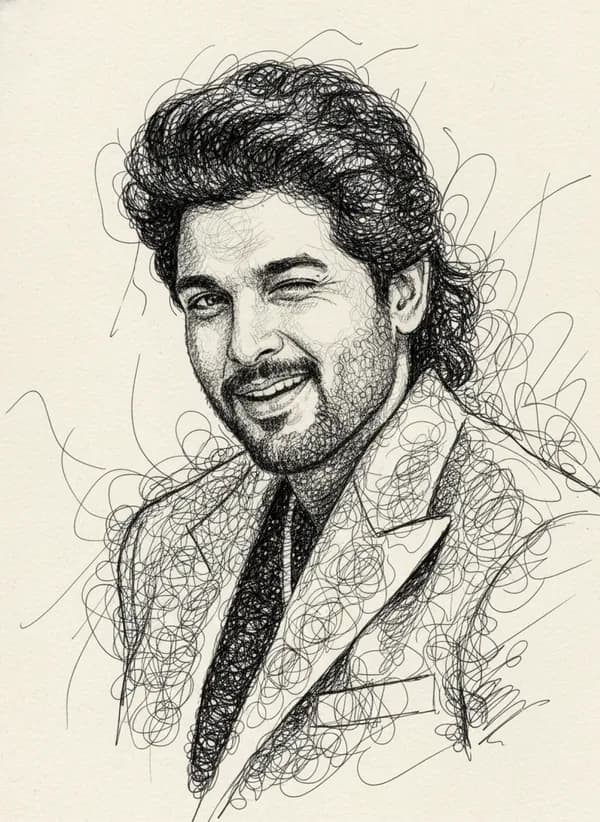 Monochrome AI scribble art portrait with detailed pen line work